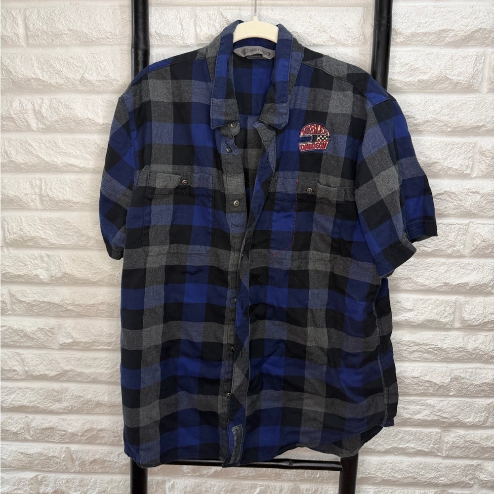 Harley-Davidson Blue and Black Plaid Short Sleeve Button-Up Shirt